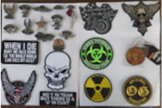 Lot Of  22  Pieces  Biker Pins, Patches,   Lot # 419  Zombie Hunter Patch Lot