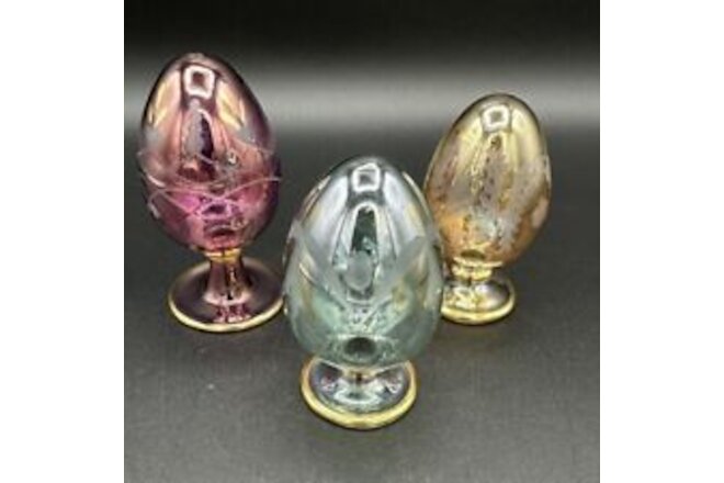 3 Royal Limited Crystal Etched Eggs Green, Gold, Purple Egypt Handcrafted