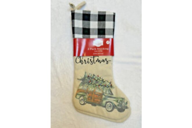 Holiday Time Farmhouse Style Linen Stockings Pack of 2 20" Station Wagon Beige