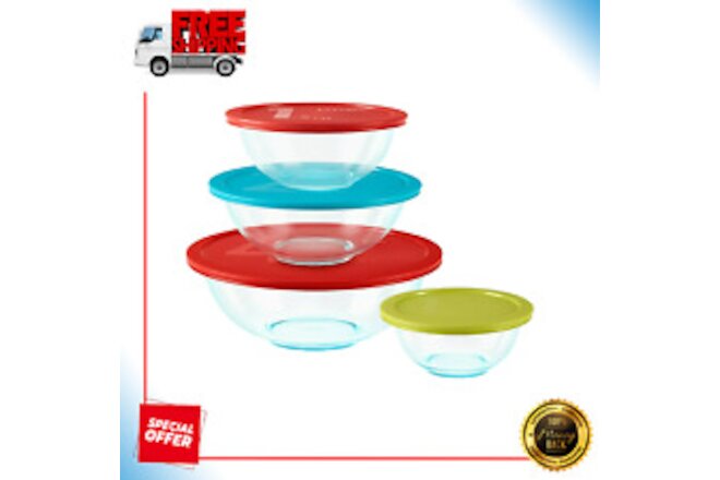 Glass Mixing Bowl 8 Piece Glass Set Multi-Colored Plastic Lids With Mixing Bowls