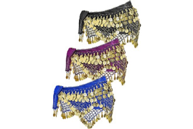 3 Pieces Belly Dance Hip Scarf Belly Dance Skirt Hip with Dangling Gold Coins Be
