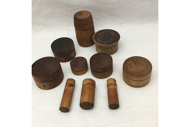 Lot of 10 Small Antique Wood Boxes & Vials incl VINE VEGETABLE TOOTH POWDER