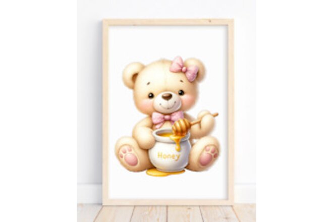 Teddy Bear Art Print, Nursery Art Print, Bear With Honey, Kids Wall Art Decor