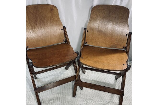 2 Matching Vintage WW2 1940s Wooden Folding Chairs By American Seating Company