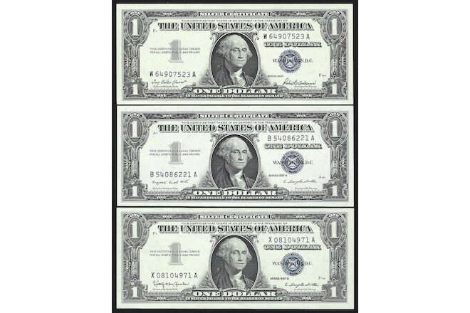 (3 ) $1 SILVER CERTIFICATES COMPLETE SET OF 3 = GEM UNCIRCULATED = 1957, A & B