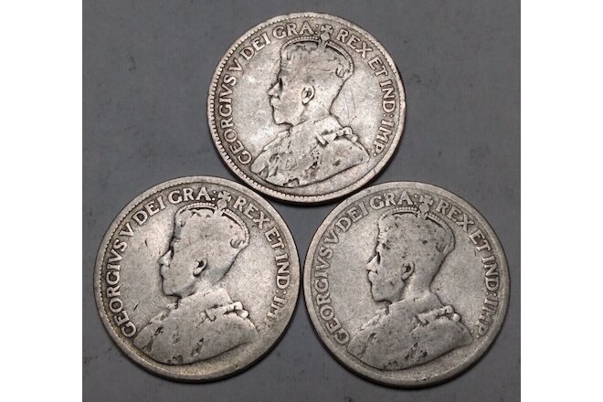 Lot of 3x Canada 25 Cents - George V Canadian Silver Quarters - 1917 1918 1919