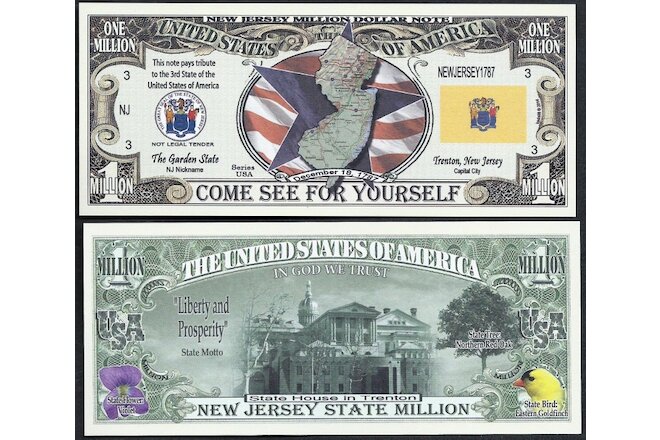 Lot of 500 BILLS- NEW JERSEY STATE MILLION DOLLAR w MAP, SEAL, FLAG, CAPITOL