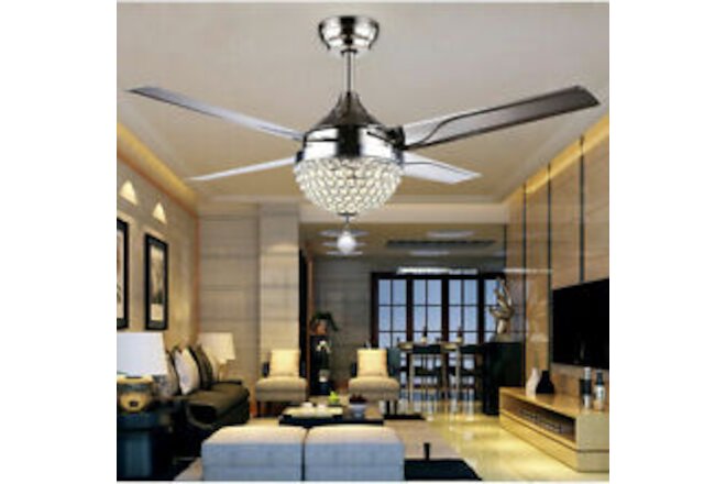 44" LED Remote Control Crystal Ceiling Fan Lamp Chandelier Pendant Light Fixture