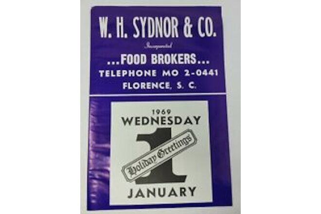 W.H. Sydnor 1969 Vintage Salesman Sample Advertising Calendar Food Florence SC