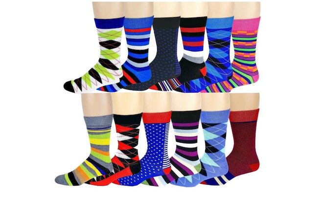 Different Touch 12 Pairs Mens Colorful Fashion Assorted Design Dress Socks 10-13