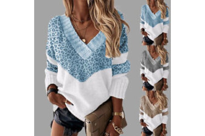 Women V Neck Leopard Knitted Loose Sweater Pullover Top Long Sleeve Jumper Tops