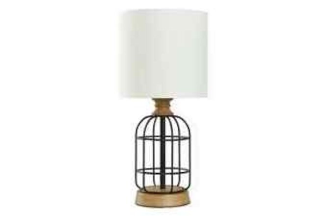 Black Metal Cage Table Lamp with Wood Accents and Drum Shade, 17"