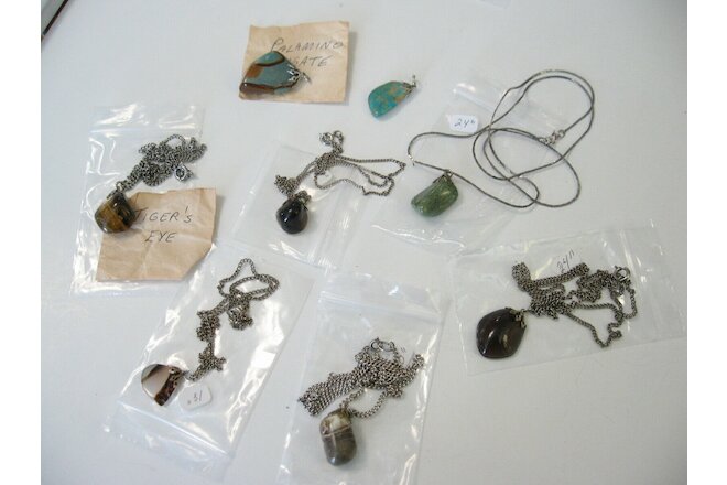8 Vintage Polished Natural Stone Pendant Necklaces Ass't Silver Chains 18" - 24"