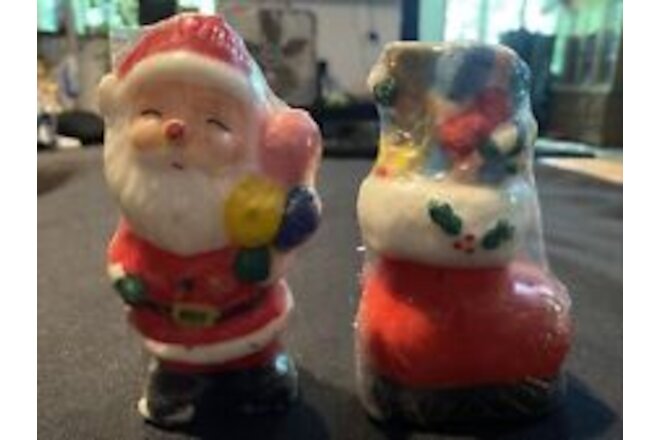 Two Vintage Christmas Wax Candles Santa Balloons And Stuffed Stocking Mouse
