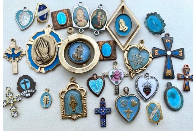 Vintage Metal Blue Religious Catholic Charms Cabs Pins Pendants Mix 25