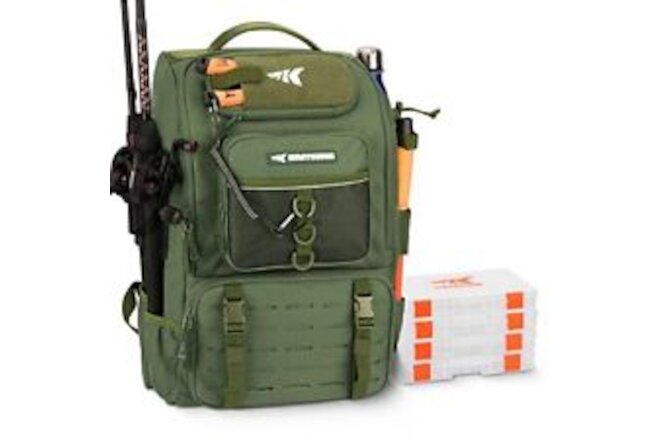 Karryall Fishing Tackle Backpack with Rod Holders 4 Tackle Boxes,40L C:Green