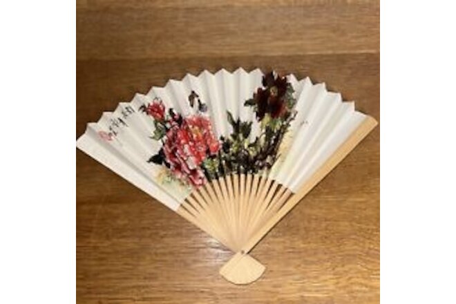 Vintage Handheld Chinese Fan Ivory Flowers Butterfly Paper  Bamboo 10"