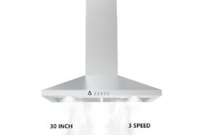 30" Kitchen Stainless Steel Wall Mount Range Hood 3 Speed Touch Control 265 CFM