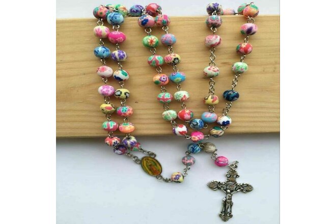 Christian Cross Catholic Multi Coloured Pearl Rosary Beads Necklace Buddhism