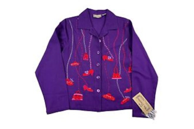 VTG NWT New Directions Purple Red Hat Society Button Jacket Sz L Corduroy Cotton