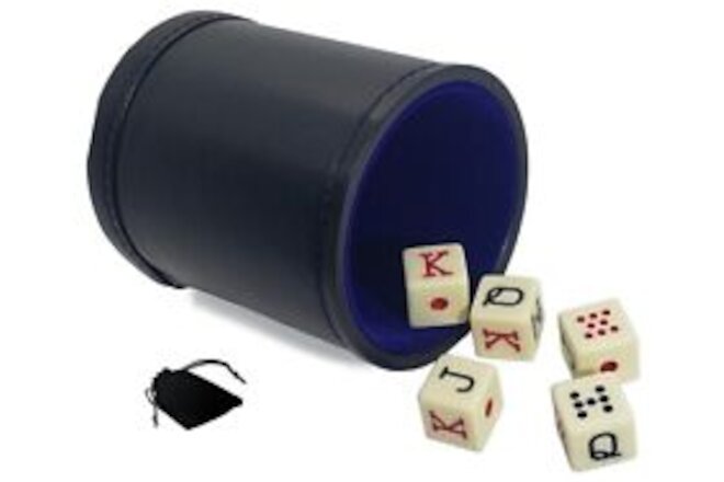 PU Leather Blue Felt Lined Dice Cup + Spanish Poker Dice Ivory Tone (Gift Boxed)