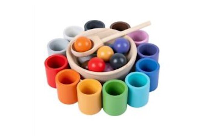 Wooden Rainbow Balls in Cups Montessori Toy Fine Motor Early Education Toys Set