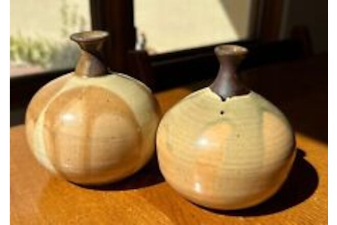 Victoria Littlejohn Pottery Set of Two Brown & Tan Drip Vases