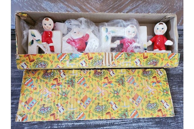 Vintage MCM Christmas NOEL Candle Holders WITH BOX! Ceramic Snow Babies #M1676