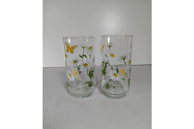 Libbey Vintage Glasses White Daisies Yellow Butterflies Lot Of 2