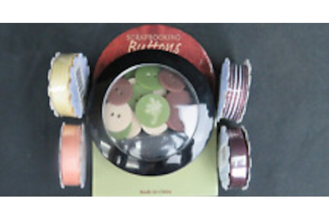 Scrapbook Buttons and Papercraft Ribbon Set - Burgundy, Peach, Buttermilk, Brown