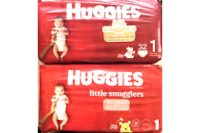 Huggies Little Snugglers Baby Diapers, Size 1, 32 Ct Up to 14 lb (2 Lot=64 Count
