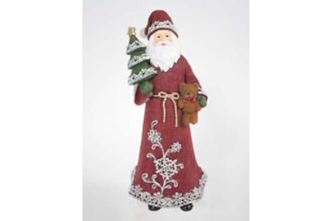 Linen Look Santa Figurine Holding a Teddy Bear & Christmas Tree Holiday Decor