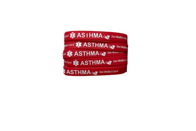 Asthma Alert Silicone Wristband Bracelets 5 Red Medical Condition with Info Card