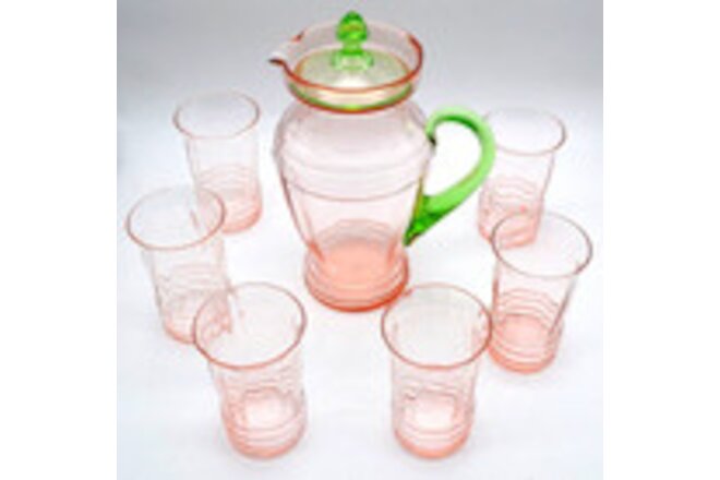 Louie Weston Tiffin WATERMELON Pitcher +6 glass Tumbler Set Ribbed Optic Uranium