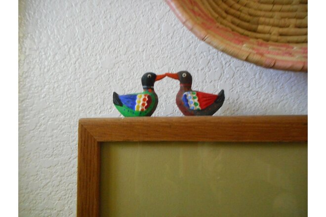 Two Small Wooden Love Ducks Handpainted - Folk Art VINTAGE COLLECTIBLE