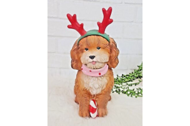 Christmas Dog Puppy Figurine Statue Antlers Candy Resin Prop Brown Red 12" NEW