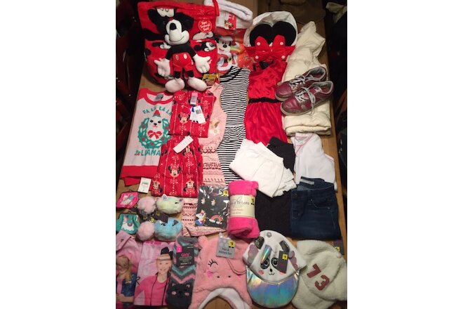 Girl's 6 7 8 lot of 31 Clothes Nike Sneaker 2.5 NWT Mickey Blanket set & PJ Hats