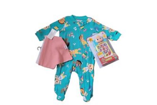 Coco Melon Infant Bundle, Footed Pj,bib with Infant Learning Toy.