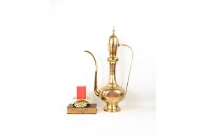 Tall vintage brass Dallah teapot 25" boho decor, Moroccan brass decor