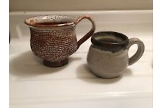 Set 2 Vintage Stoneware Pottery Pair of Handmade Coffee / Soup Mugs Brown  Grey