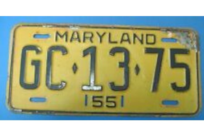 1955 Maryland License Plate single plate only this year