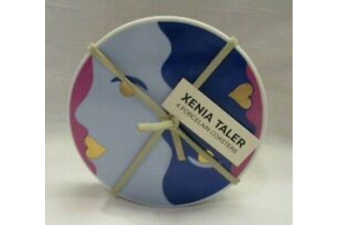 Xenia Taler Porcelain Coasters Jan Face Blue Pink New Ceramic Trivet Round 3.5"
