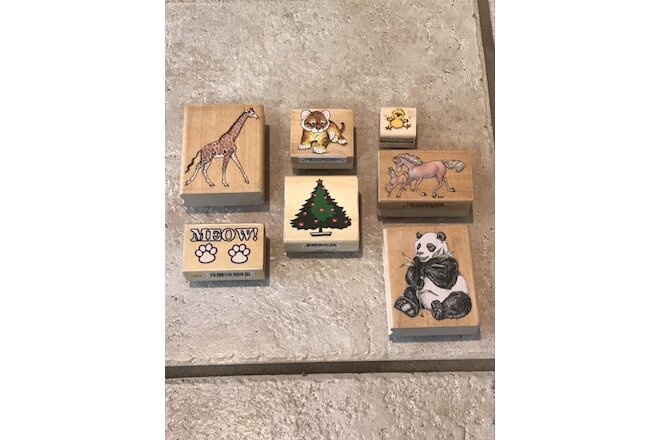Wooden Rubber Stamp animals tree Assortment 7 Piece Lot