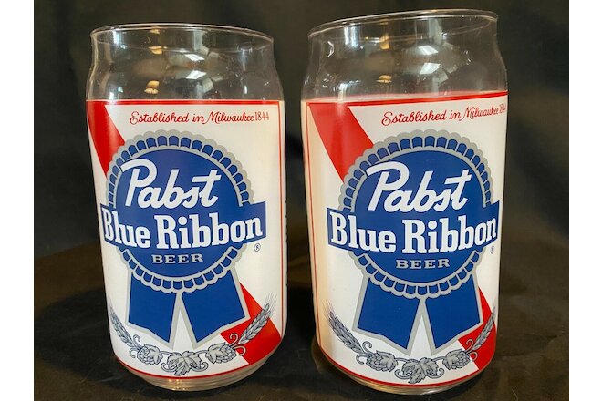 PABST BLUE RIBBON PBR SET 2 BEER GLASSES 20 OZ VINTAGE TALL BOY CAN SHAPED RARE