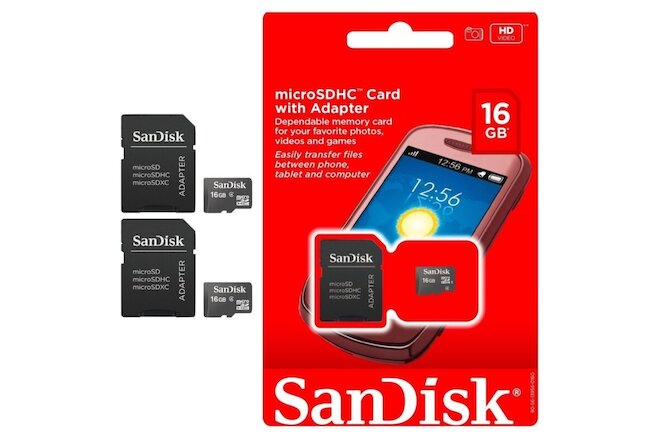 NEW SANDISK 16GB MicroSD Micro SD SDHC TF FLASH MEMORY CARD ADAPTER LOT 2