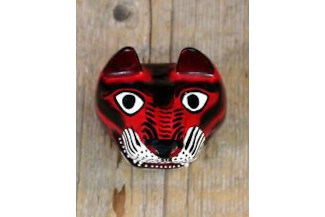 Red Coyote Mask Tiny Size Hand Carved & Painted Fierce Guerrero Mexican Folk Art
