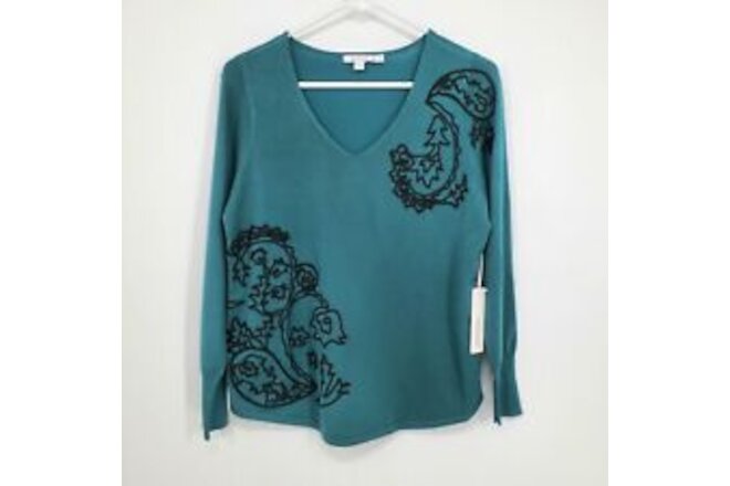 Chico's Embroidered Pullover Sweater Size 0 / XS Peacock Teal NEW