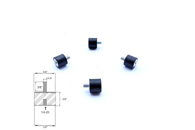 4 Rubber Vibration Isolator Mounts (3/4" Dia x 5/8" Thk) 1/4-20 x 3/8" Long Stud