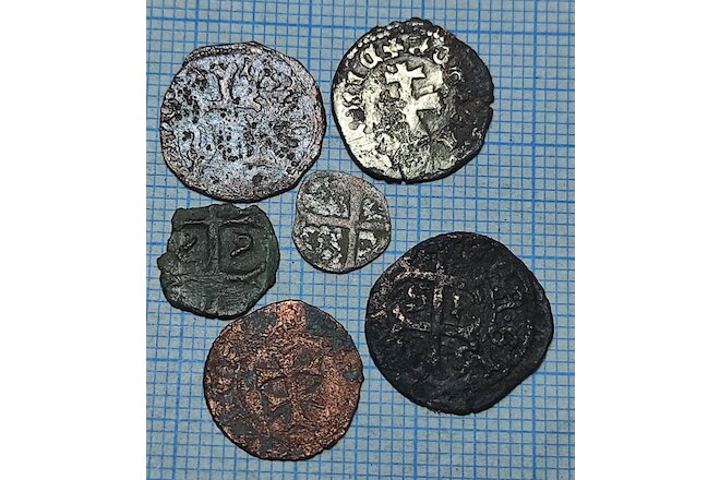 Crusader Templar cross, Europe medieval, mixed 6 different coins 14 century