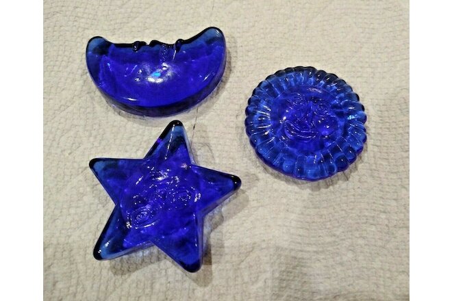 Lot 3 cobalt blue glass celestial Sun Moon Star display paperweights
